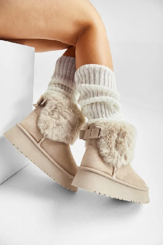 BEIGE FAUX FUR LINED CHUNKY PLATFORM BOW DETAIL FUR COLLAR ANKLE BOOTS