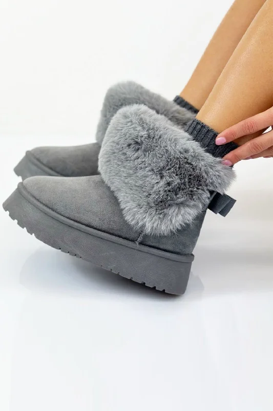 GREY FAUX FUR LINED CHUNKY PLATFORM BOW DETAIL FUR COLLAR ANKLE BOOTS