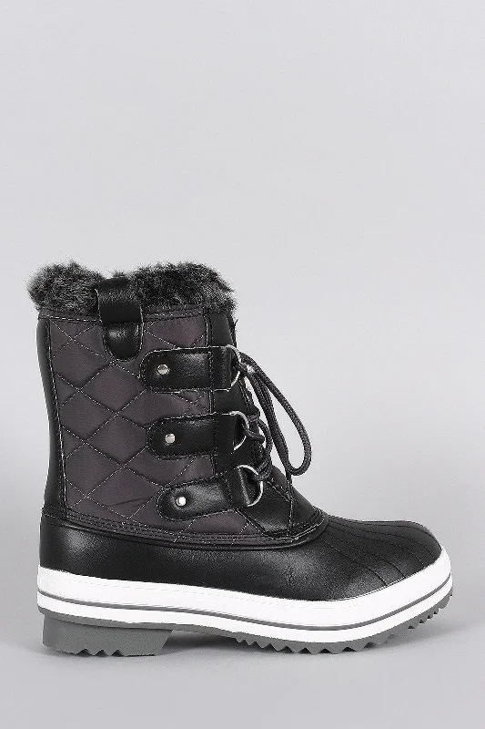 Faux Fur Cuff Lace Up Quilted Nylon Boots