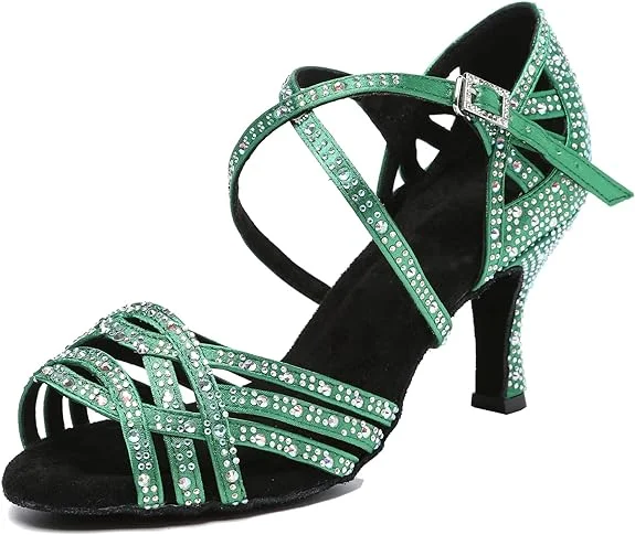 Green Rhinestone Ballroom Latin Salsa Bachata Performance Dance Shoes