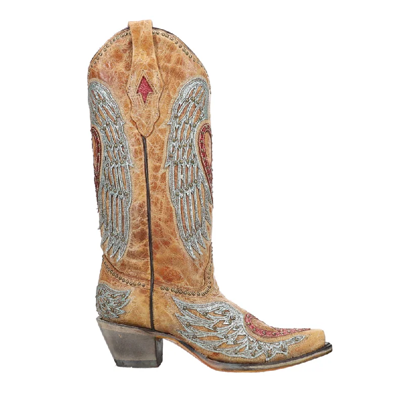 Heart and Wings Embroidery Studded Snip Toe Cowboy Boots