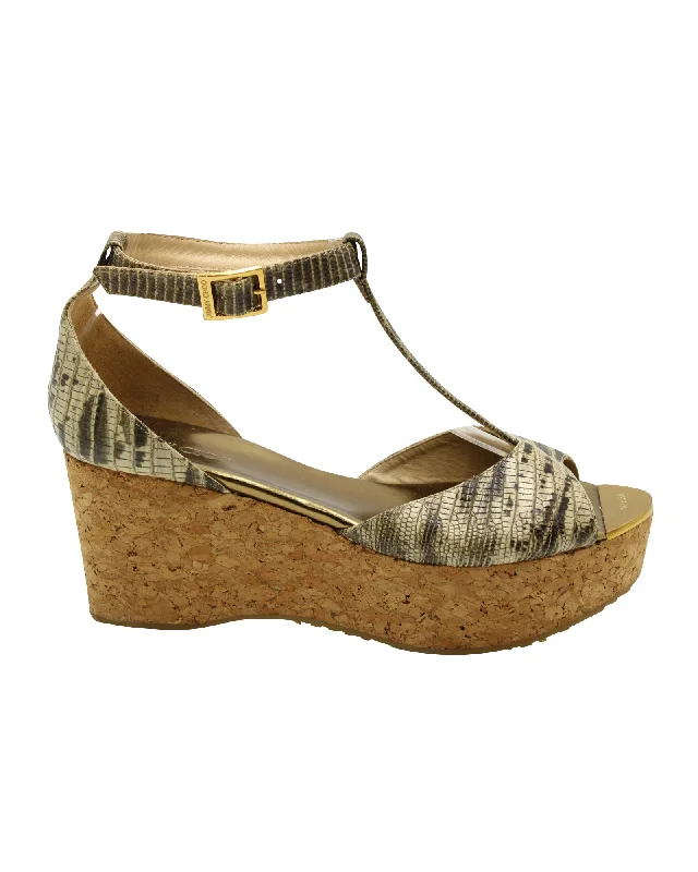 Jimmy Choo Cork Wedge Sandals with Snake Skin Print in Beige Leather