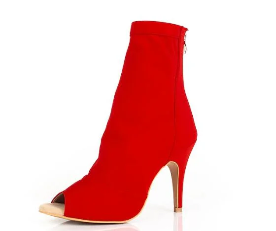 Red Stretch Lycra Dance Bootie Stiletto Heels Boots