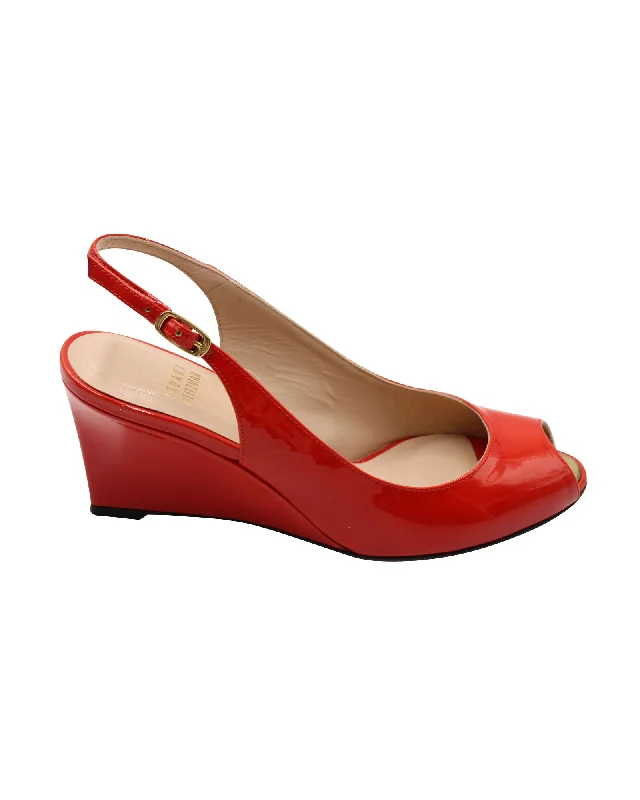 Stuart Weitzman Slingback Peep-Toe Wedge in Red Patent Leather