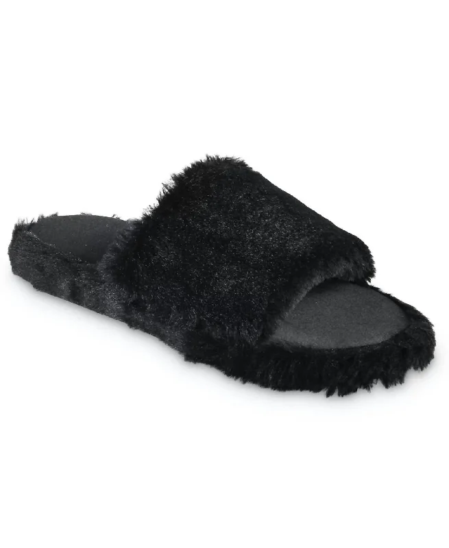 Women's Faux Fur And Satin Tabby Slipper In Black