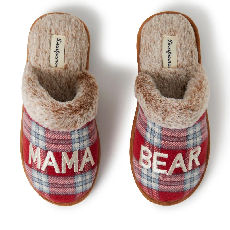 Now or Never Women's Mama Bear Red Plaid Scuff Slippers