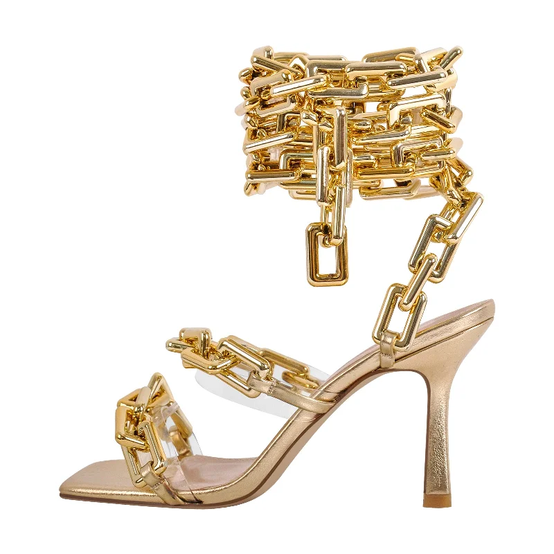 Gold Square Toe Metal Chain Lace-up Stiletto Sandals